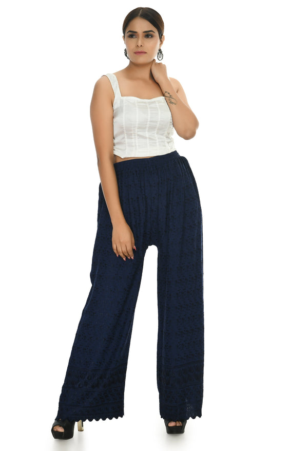 Women's Navy Blue Color Chikan Work Palazzo - Moeza