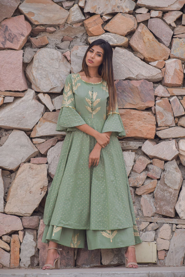 Women's Green Anarkali Kurta With Palazzo (2Pc Set) - Saras The Label