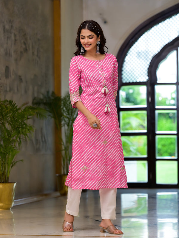 Jashvi Pink Leheriya Print Embroidered Pure Cotton Straight Kurta