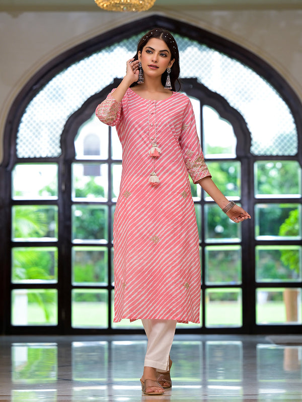 Jashvi Peach Leheriya Print Embroidered Pure Cotton Straight Kurta