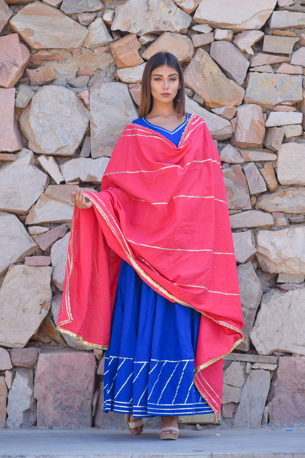 Women's Cotton Blue Anarkali Gown With Dupatta. - Saras The Label