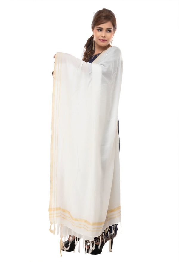 Women's White Color Golden Border Cotton Dupatta - Moeza