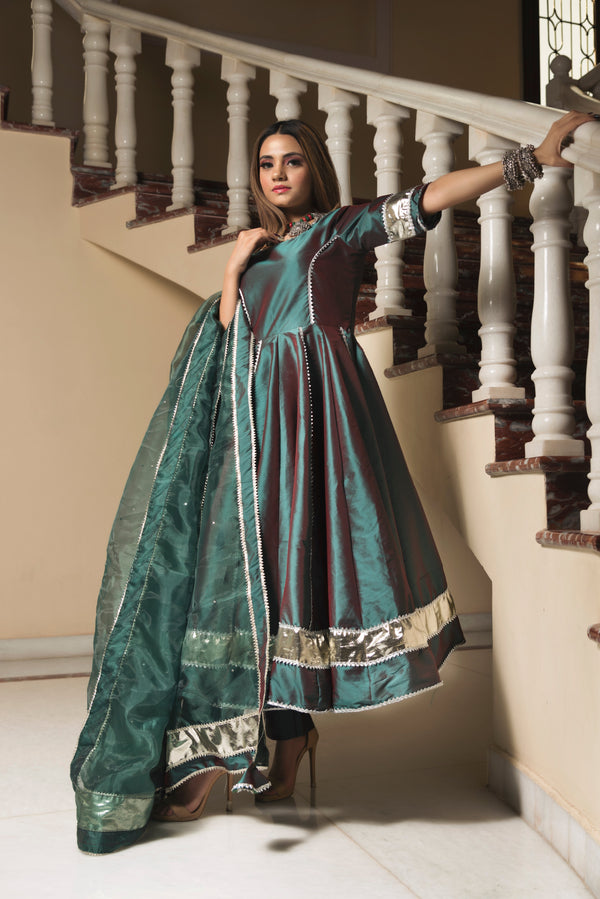 Women's Taffeta Silk Green Anarkali- Pomcha Jaipur