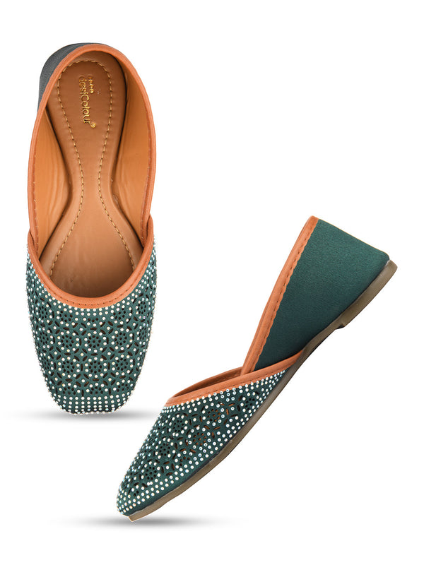 Women's Teal Handcrafted Stone Work  Indian Ethnic Comfort Footwear - Desi Colour