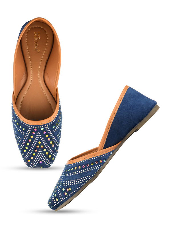 Women's Blue Handcrafted Stone Work  Indian Ethnic Comfort Footwear - Desi Colour