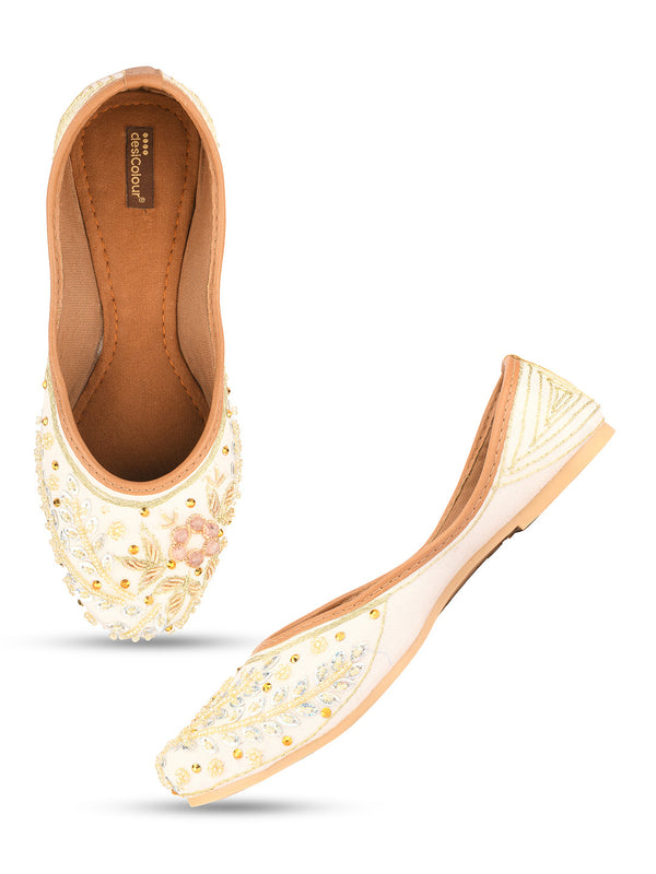 Women's White Dabka Handcrafted   Indian Ethnic Comfort Footwear - Desi Colour