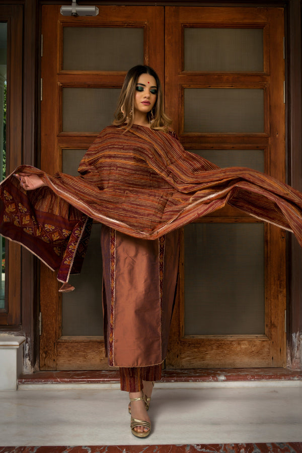 Women's BROWN COTTON SILK HAND BLOCK PRINT SUIT SET - Pomcha Jaipur