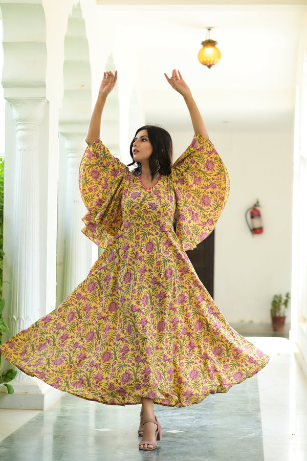 Women's Yellow Blush Printed Cotton Dress With Adda Work - Hatheli