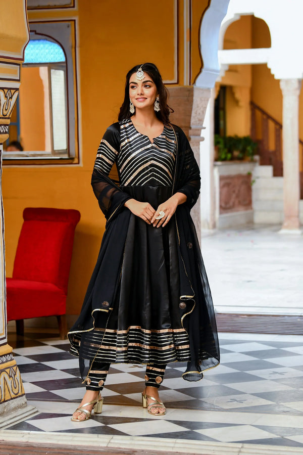 Women's Black Satin Silk Anarkali Kurta With Dupatta- 3Pc Set - Saras The Label