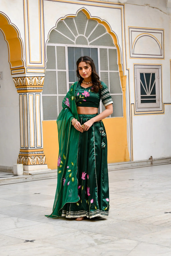 Women's Bottle Green Lehenga Choli- (3Pc Set) - Saras The Label