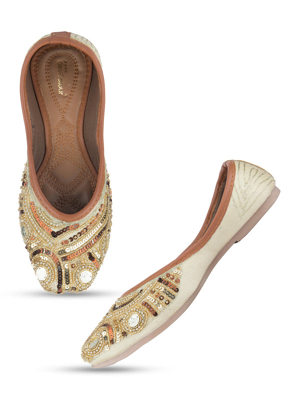 Women's Gold Designer Dabka  Indian Ethnic Comfort Footwear - Desi Colour