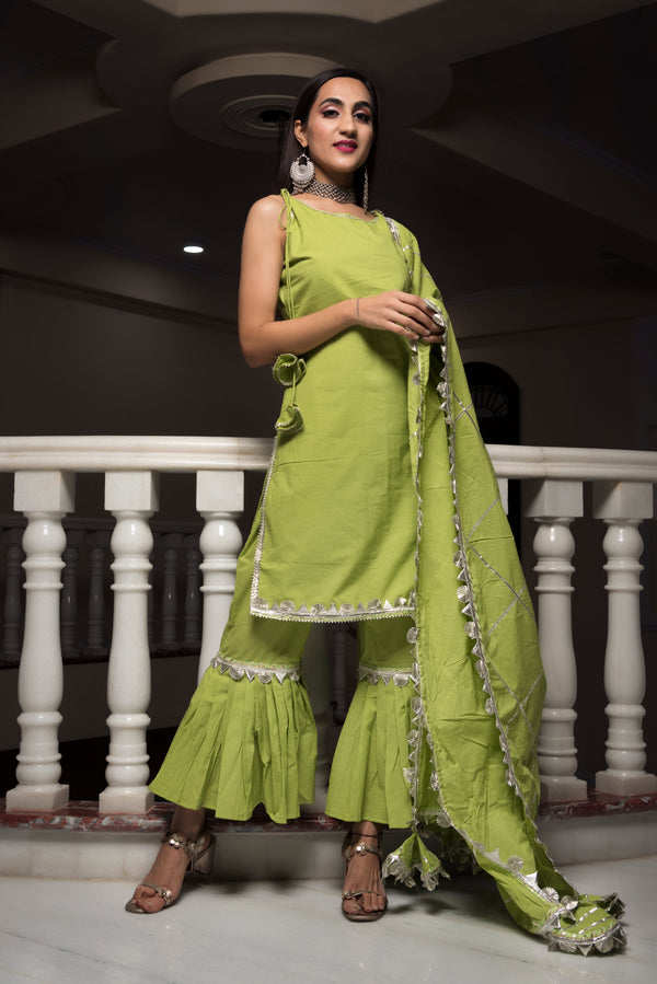 Women's Gotta Jaal Green Cotton Sharara Set - Pomcha Jaipur