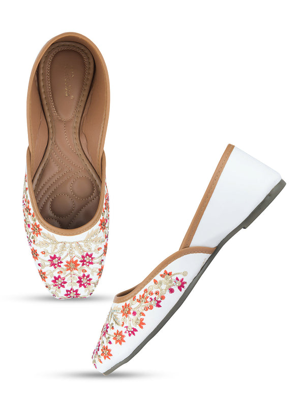 Women's White Handcrafted Stone Work  Indian Ethnic Comfort Footwear - Desi Colour