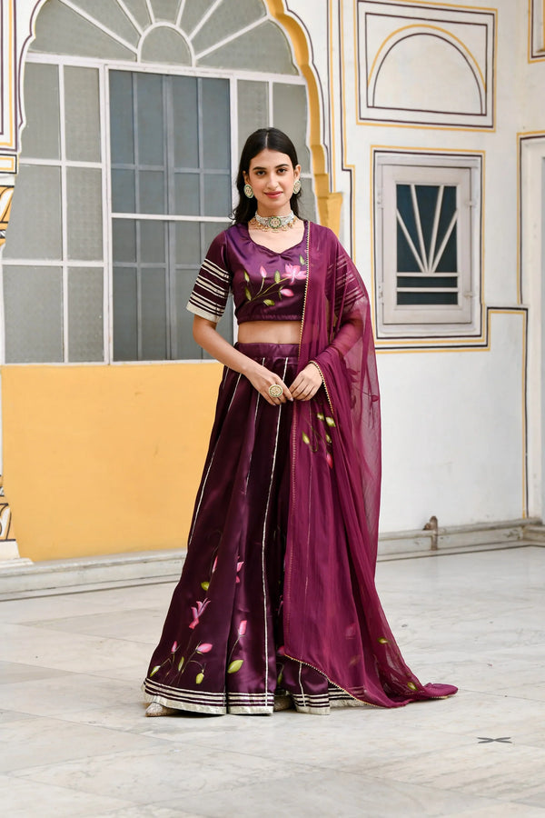 Women's Dark Purple Lehenga Choli- (3Pc Set)  - Saras The Label