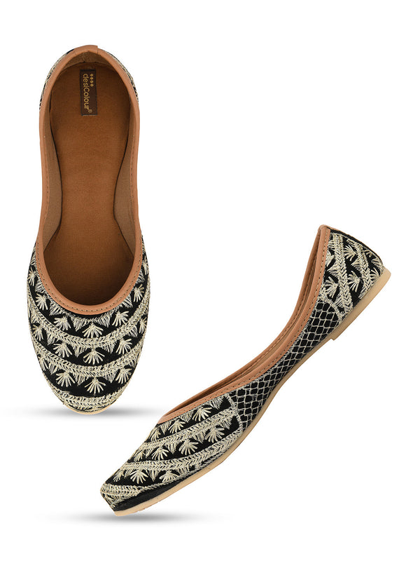 Women's Black Embroidered  Indian Ethnic Comfort Footwear - Desi Colour