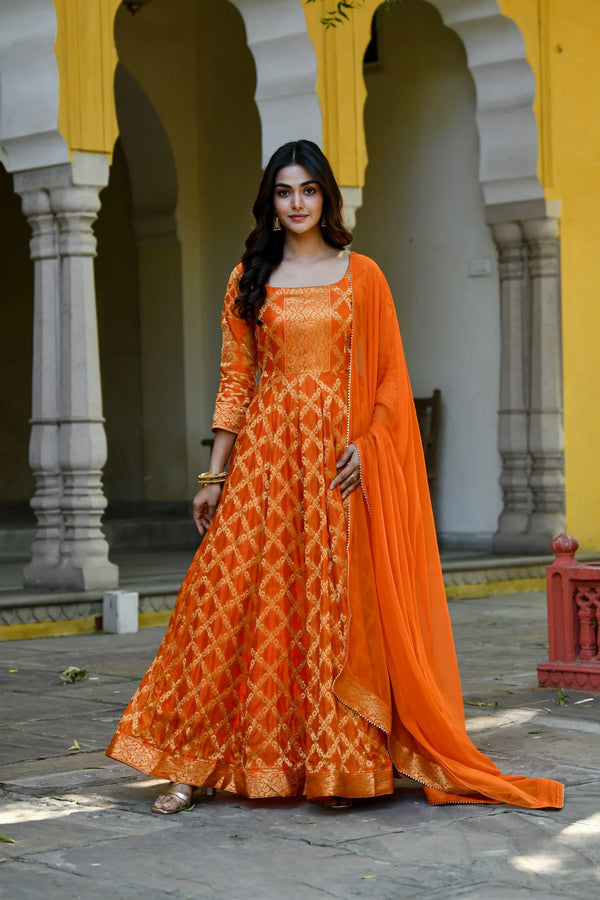 Women's Orange Silk Anarkali Gown With Dupatta- (2Pc Set)  - Saras The Label USA