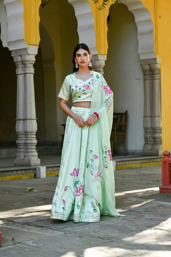 Women's Mint Green Lehenga In Satin Silk- (3Pc Set)  - Saras The Label