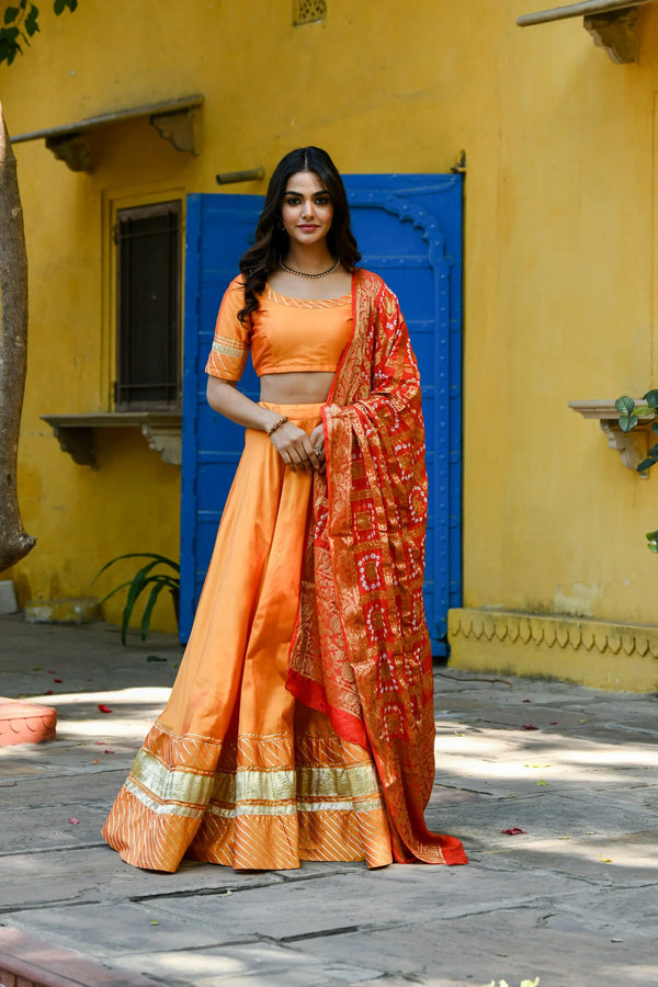 Women's Orange Lehenga In Satin Silk- (3Pc Set)  - Saras The Label