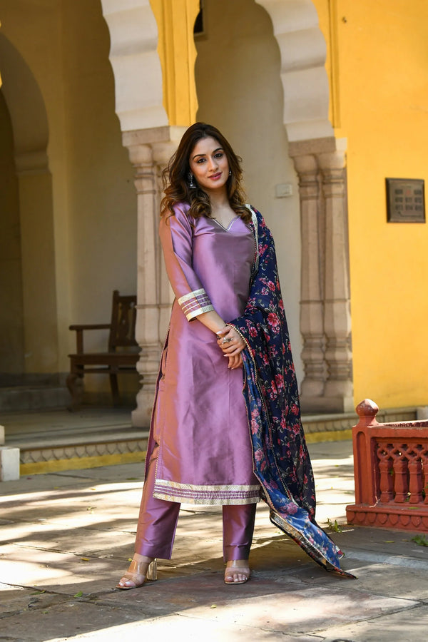 Women's Mauve Suit Set With Dupatta - 3Pc Set - Saras The Label