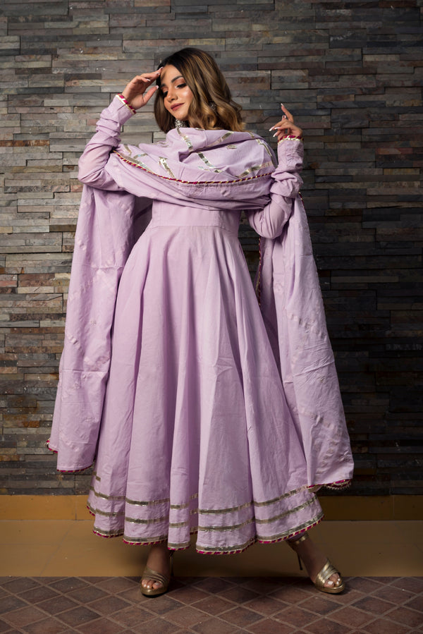 Women's Lavender Cotton Anarkali Kurta with Pant & Dupatta (3pcs Set) - Pomcha Jaipur USA