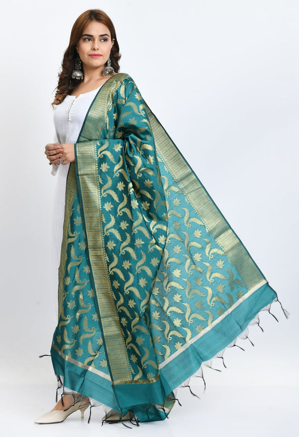 Women's Banarsi Silk Floral Woven Design Rama Green Dupatta - Moeza