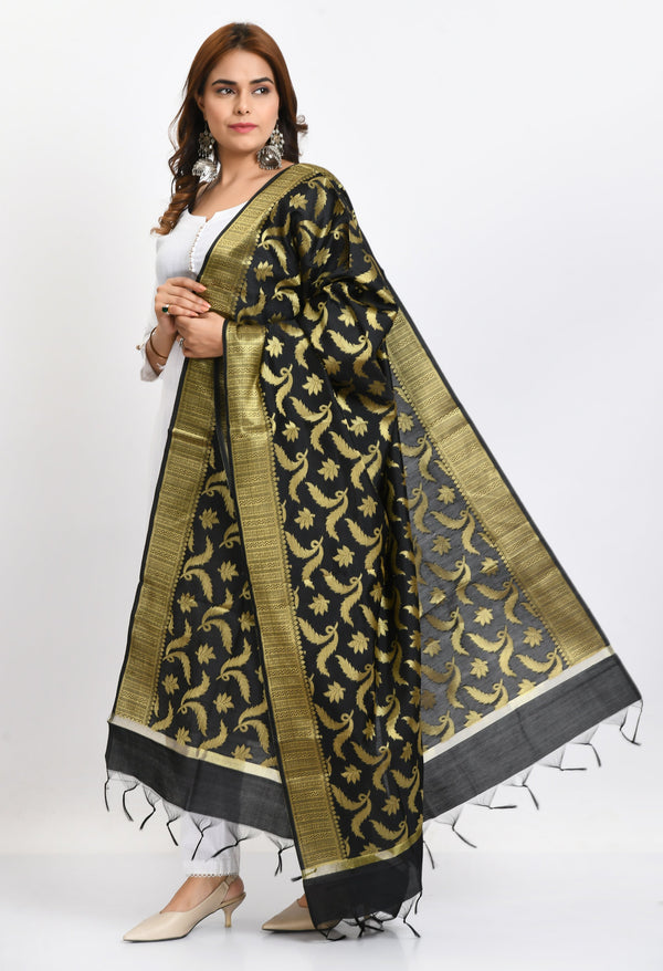 Women's Banarsi Silk Floral Woven Design Black Dupatta - Moeza