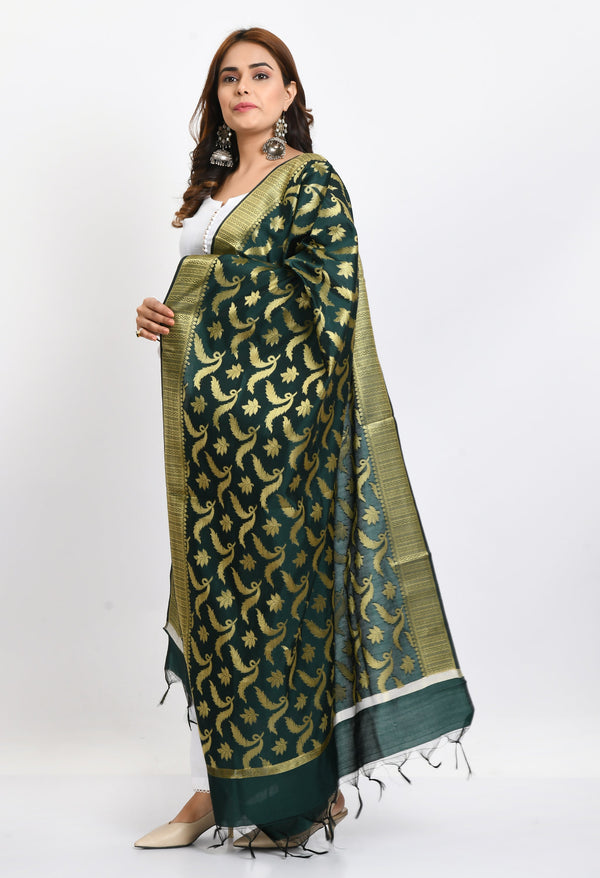 Women's Banarsi Silk Floral Woven Design Bottle Green Dupatta - Moeza