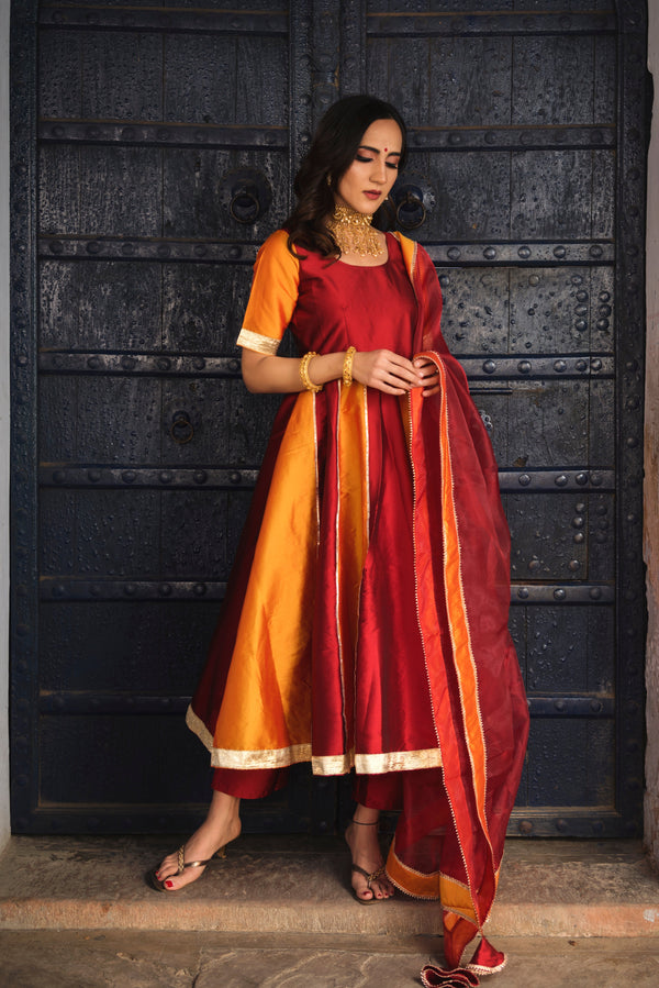 Women's Double Shade Taffeta Anarkali Set - Pomcha Jaipur