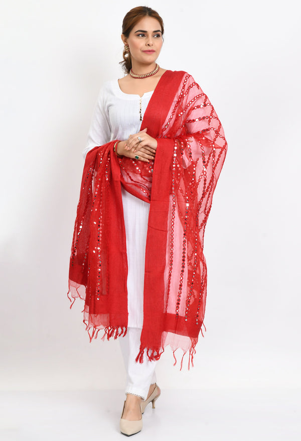 Women's Orgenza Mirror Stripe Thread Work Red Dupatta - Moeza