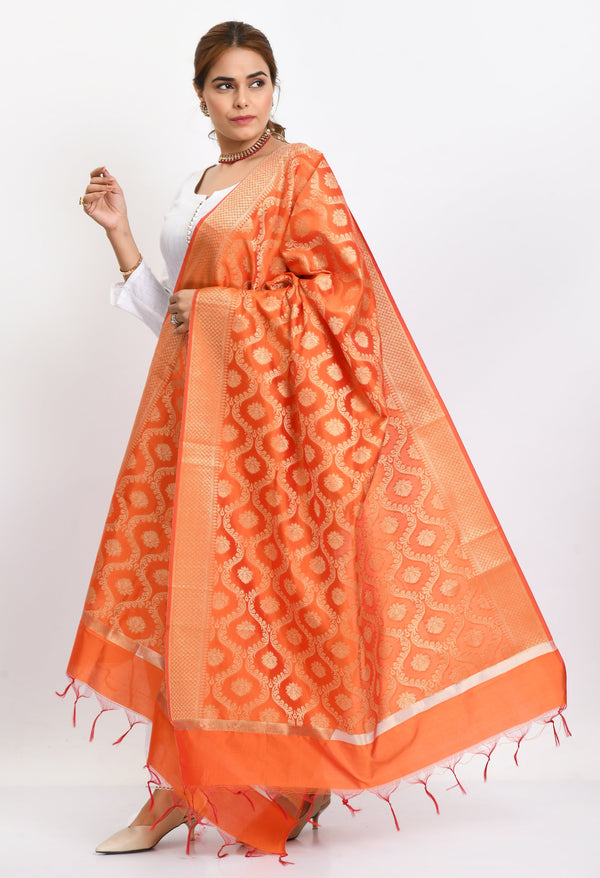 Women's Banarsi Silk All Over  Woven Design Orange Dupatta - Moeza