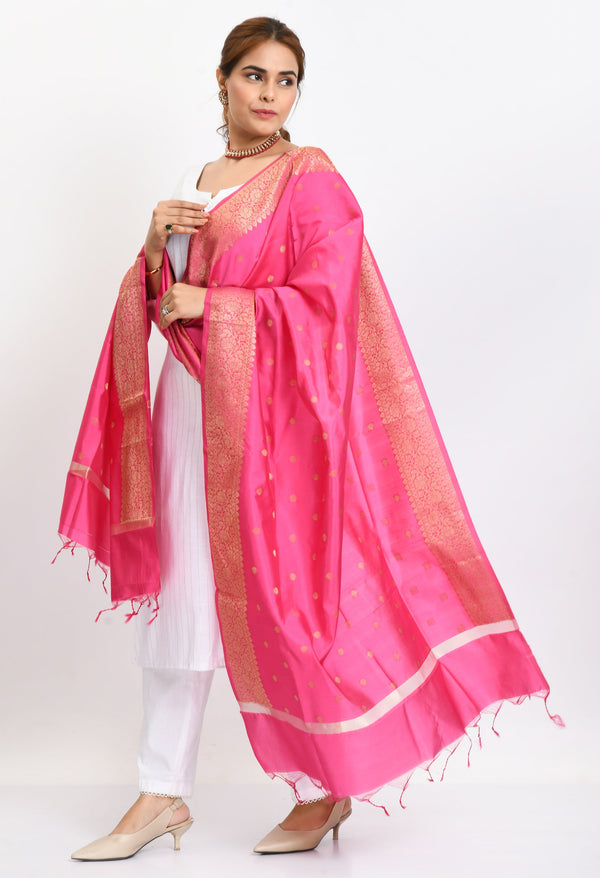 Women's Banarsi Silk Woven Design Pink Dupatta - Moeza