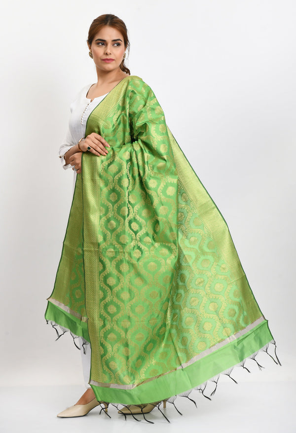 Women's Banarsi Silk All Over  Woven Design Parrot Green Dupatta - Moeza