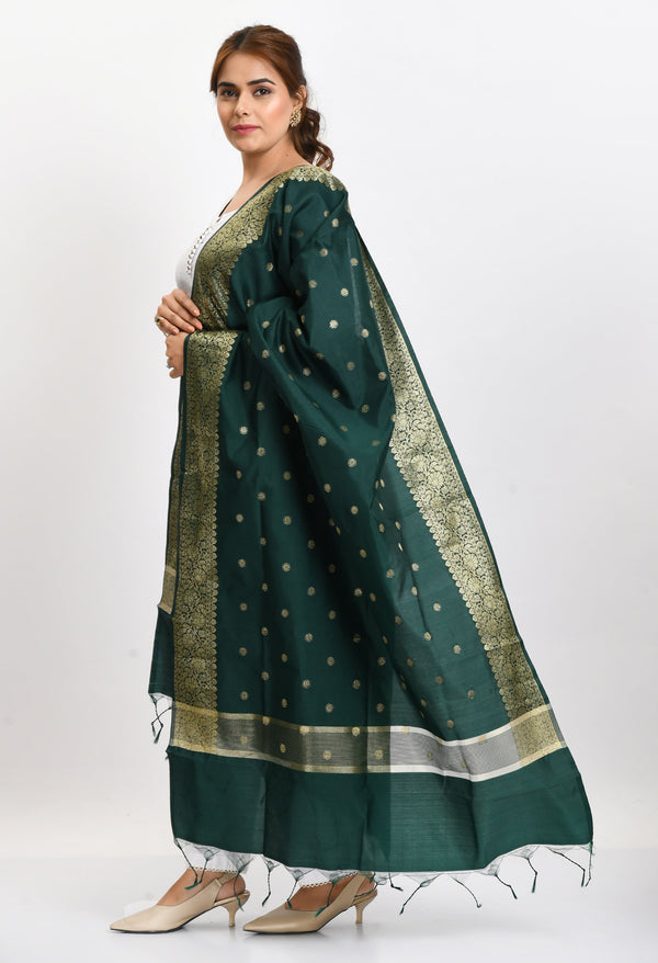 Women's Banarsi Silk Woven Design Bottle Green Dupatta - Moeza