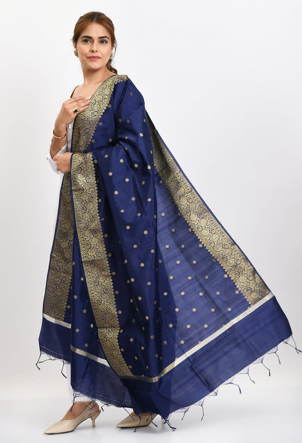 Women's Banarsi Silk Woven Design Navy Blue Dupatta - Moeza