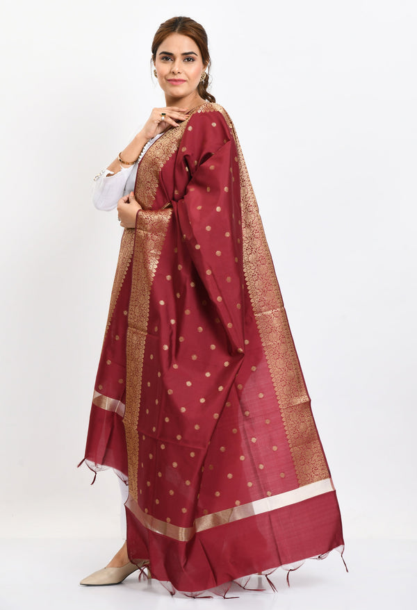 Women's Banarsi Silk Woven Design Maroon Dupatta - Moeza