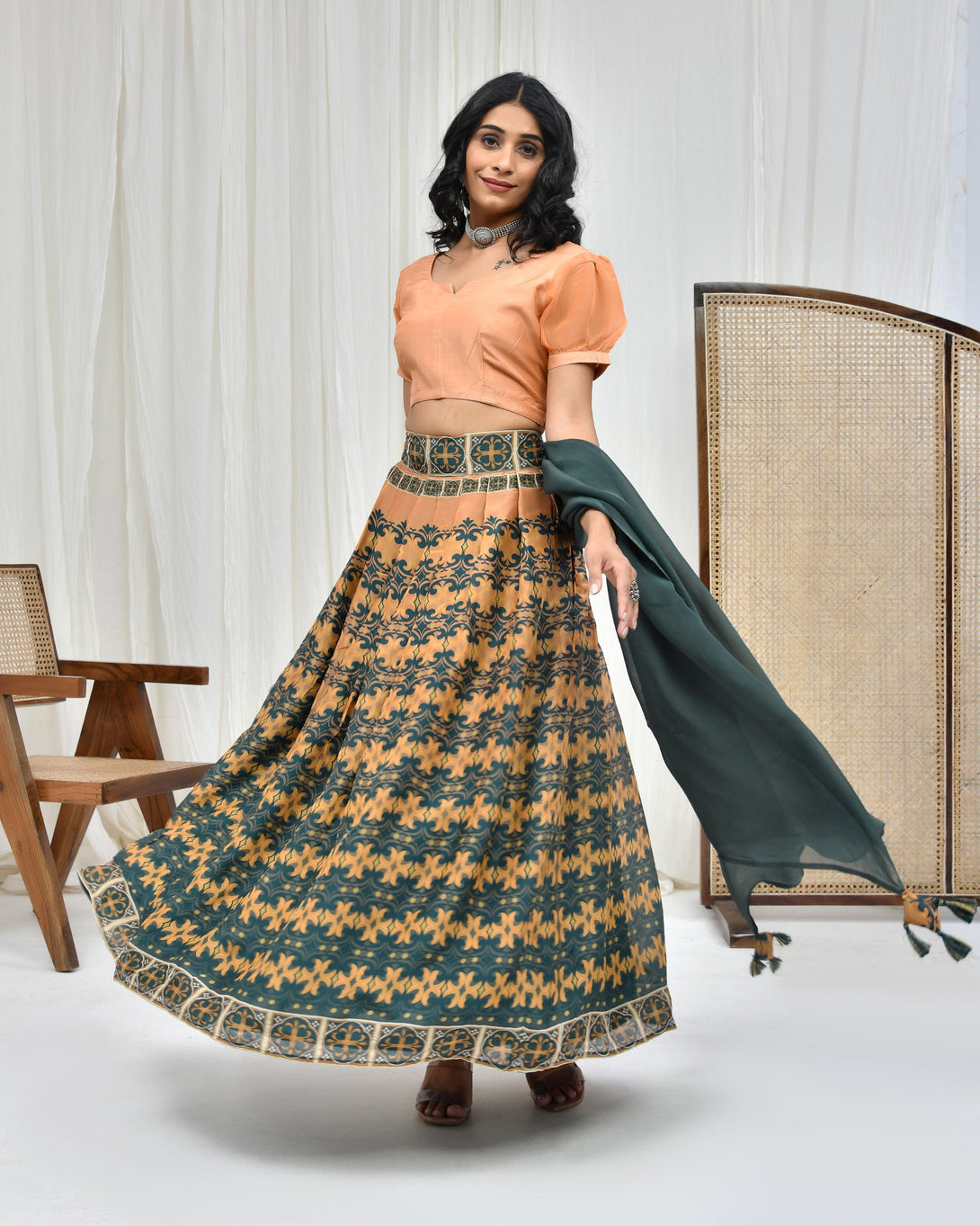 Women's Orange Ho Silk Print Lehenga Set - Pheeta