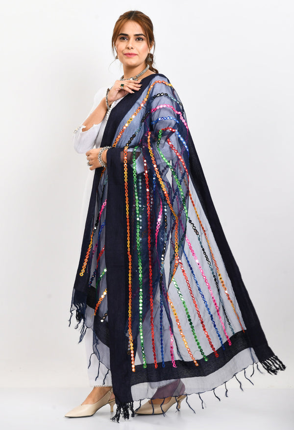 Women's Orgenza Multi Thread Mirror Work Navy Blue Dupatta - Moeza