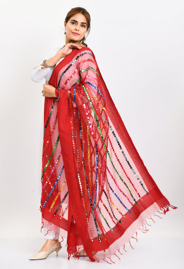 Women's Orgenza Multi Thread Mirror Work Red Dupatta - Moeza