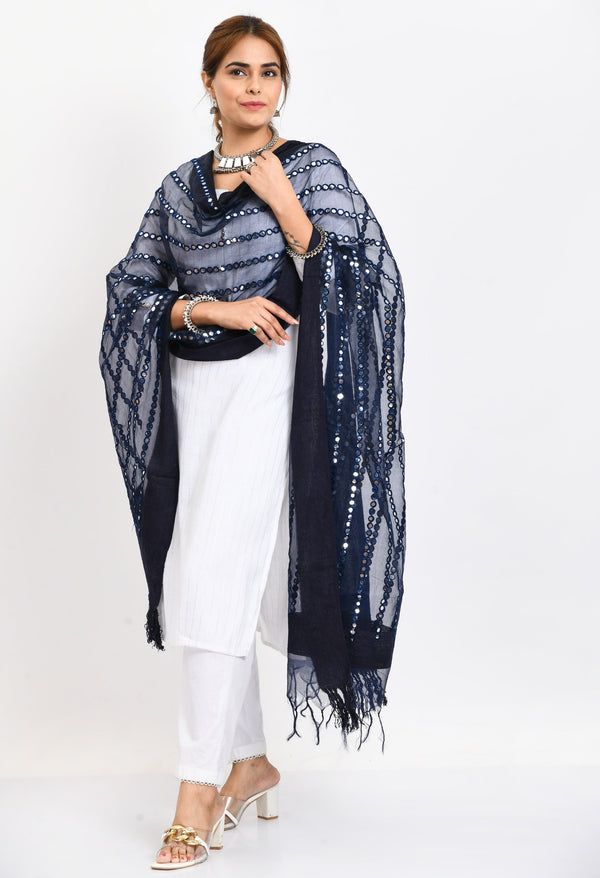 Women's Orgenza Mirror Stripe Thread Work Navy Blue Dupatta - Moeza