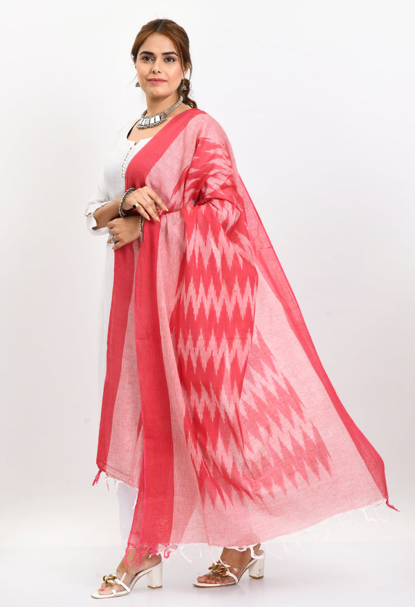 Women's Handloom Cotton Ikkat Pink Dupatta - Moeza