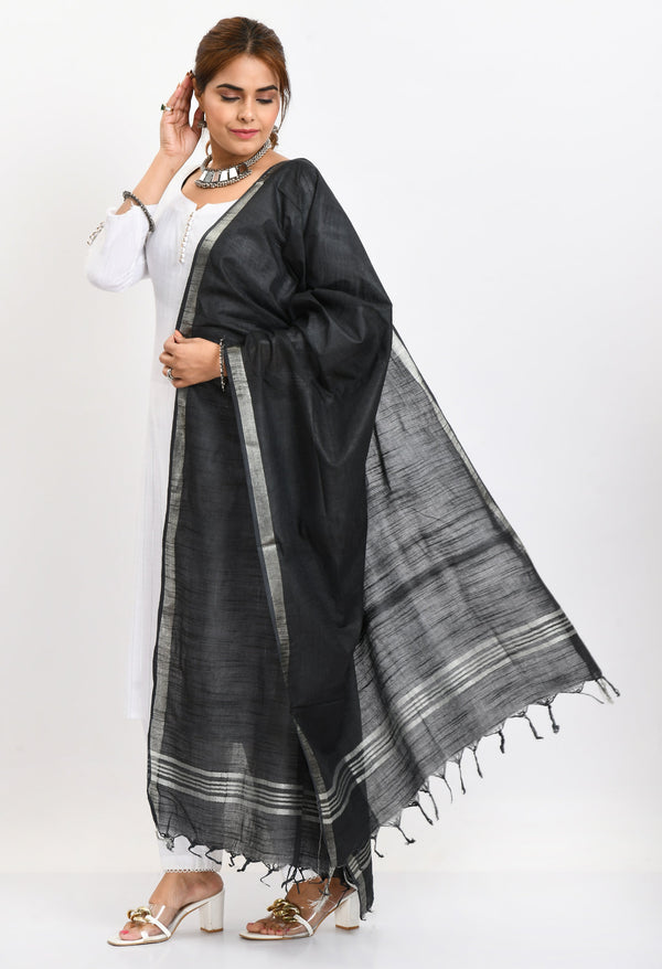 Women's Linen Cotton Silver Border Black Dupatta - Moeza