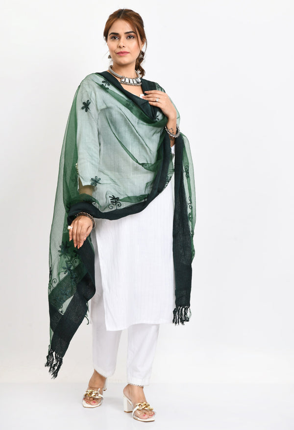 Women's Orgenza All Over Chikan Work Bottle Green Dupatta - Moeza