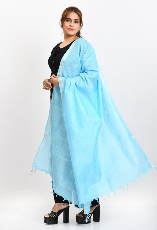 Women's Linen Cotton Silver Border Sky Blue Dupatta - Moeza