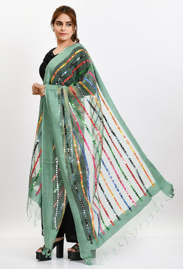 Women's Orgenza Multi Thread Mirror Work Pista Green Dupatta - Moeza