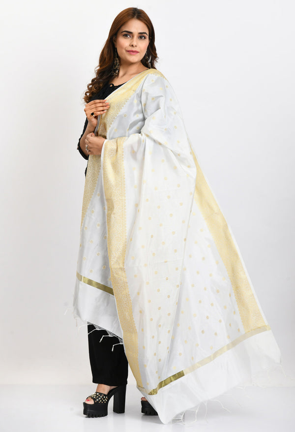 Women's Banarsi Silk Woven Design White Dupatta - Moeza