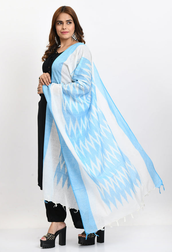 Women's Handloom Cotton Ikkat Sky Blue Dupatta - Moeza