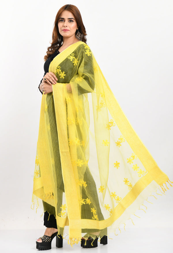 Women's Orgenza All Over Chikan Work Lemon Yellow Dupatta - Moeza