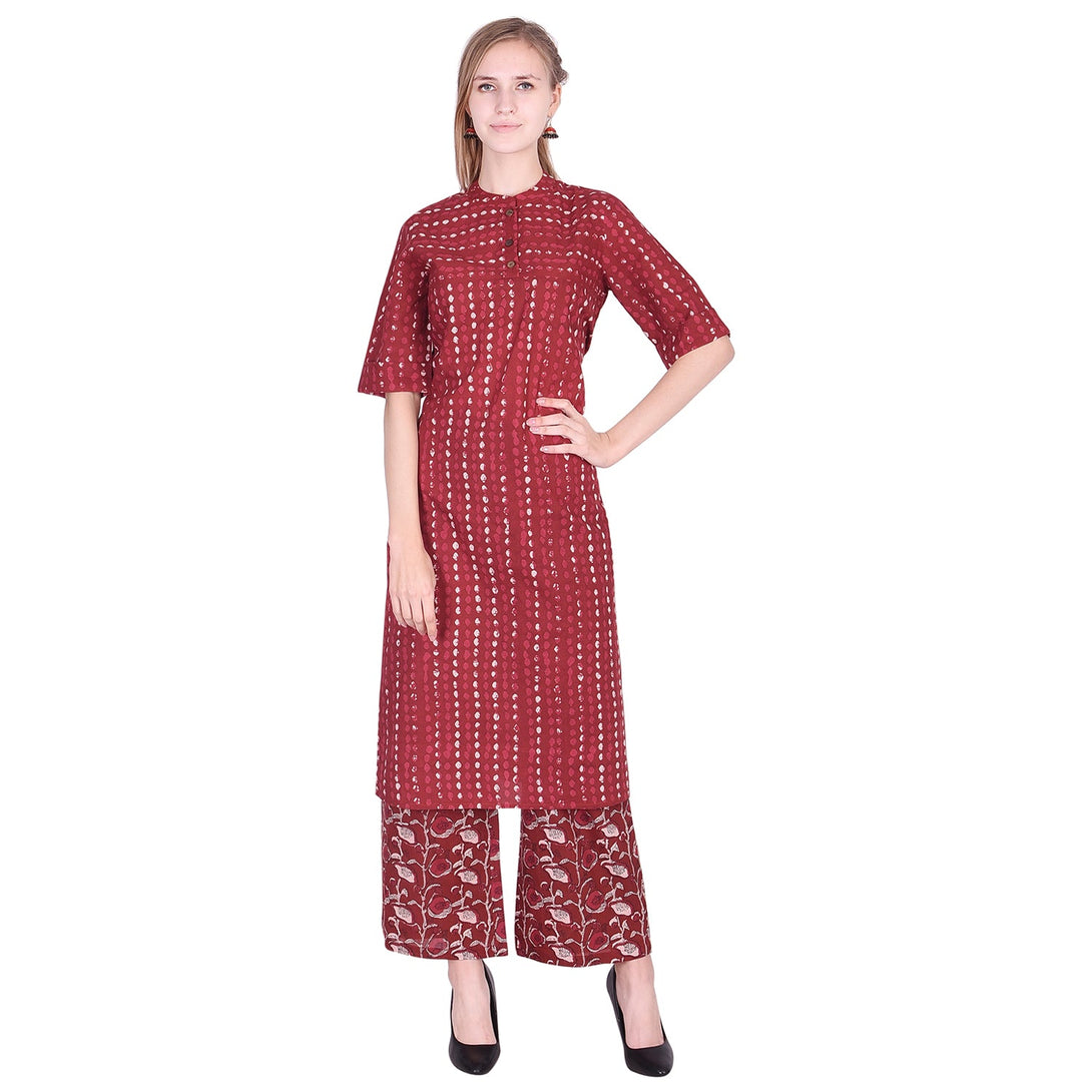 Women's Cotton Printed Straight Maroon Kurti With Palazzo Set - Deckedup