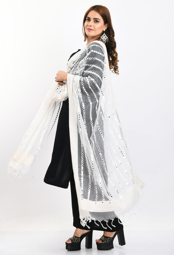 Women's Orgenza Mirror Stripe Thread Work White Dupatta - Moeza