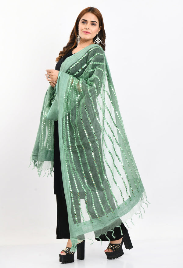 Women's Orgenza Mirror Stripe Thread Work Pista Green Dupatta - Moeza